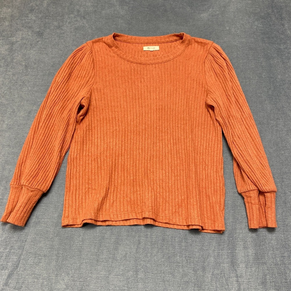 Madewell Sweater Womens Medium Rust Orange Ribbed Knit Puff Sleeve Minimalist